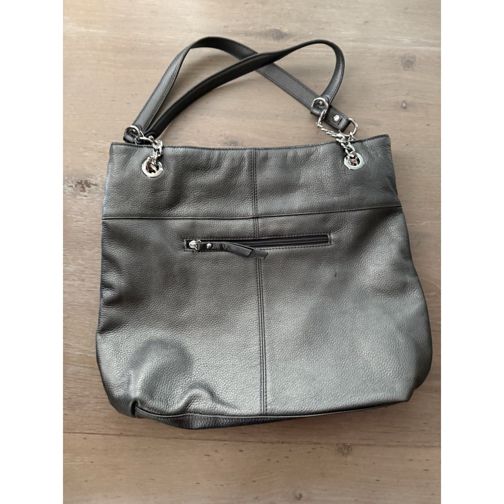 Tignanello Pewter Metallic Pebbled Leather Hobo Shoulder Bag Silver Chain Accent